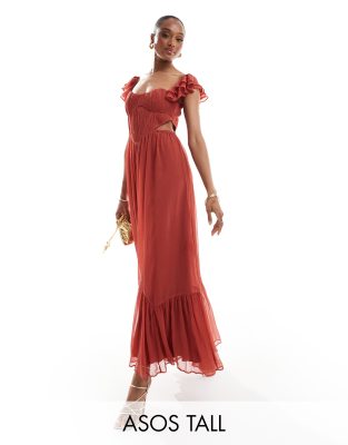 ASOS DESIGN Tall flutter sleeve corset cut out midi skater dress in rose-pink