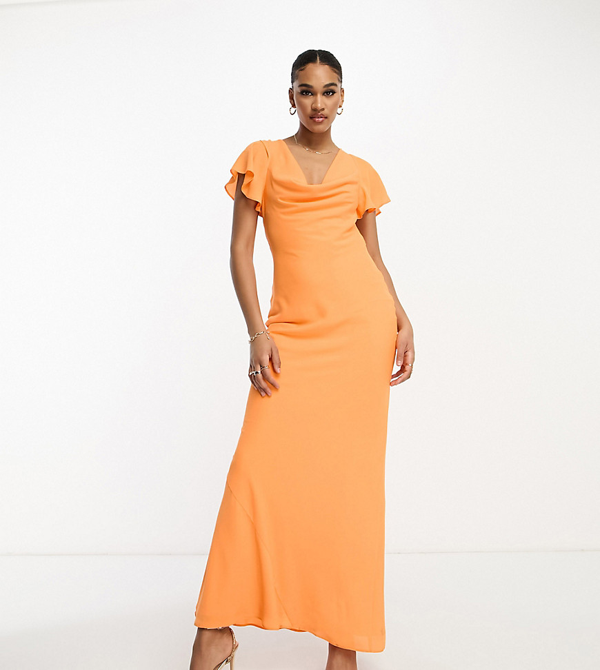 Asos Tall Asos Design Tall Flutter Sleeve Cowl Neck Maxi Dress In Hot Orange
