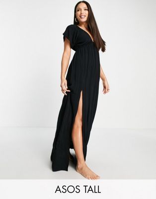 ASOS DESIGN Tall flutter sleeve maxi beach dress in black  - ASOS Price Checker