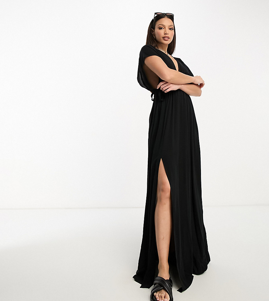 Asos Tall Asos Design Tall Flutter Sleeve Maxi Beach Dress With Channeled Tie Waist In Black
