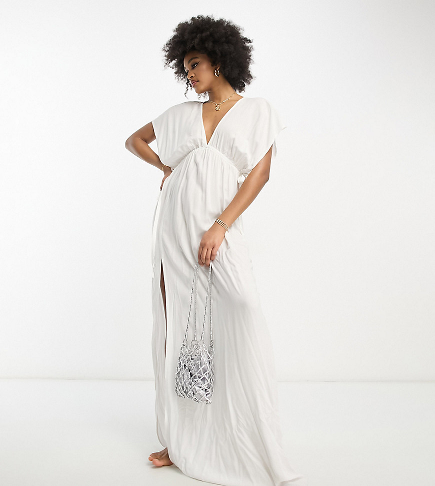 Asos Tall Asos Design Tall Flutter Sleeve Maxi Beach Dress With Channeled Tie Waist In White