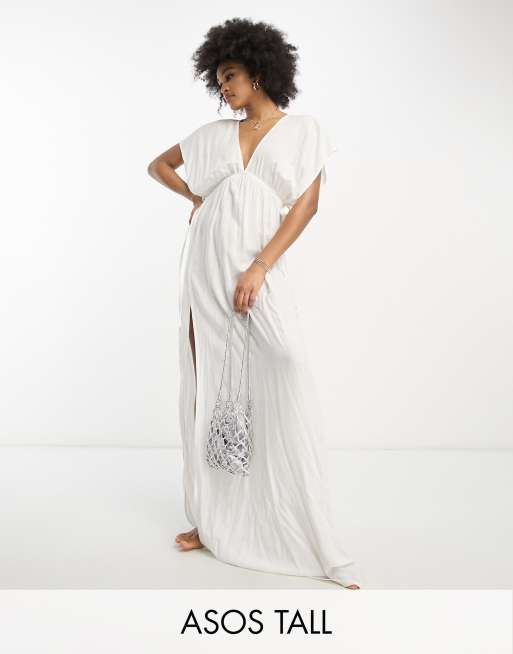 ASOS DESIGN Tall flutter sleeve maxi beach dress with channeled tie waist in white