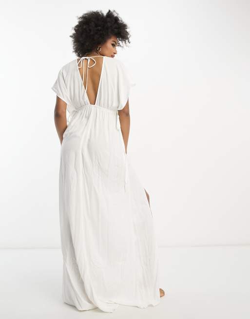 ASOS DESIGN Tall flutter sleeve maxi beach dress with channeled tie waist  in white