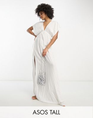 ASOS DESIGN Tall flutter sleeve maxi beach dress with channelled tie waist in white  - ASOS Price Checker