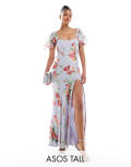 ASOS DESIGN Tall flutter sleeve maxi dress with lace insert in blue burnout floral print-Multi