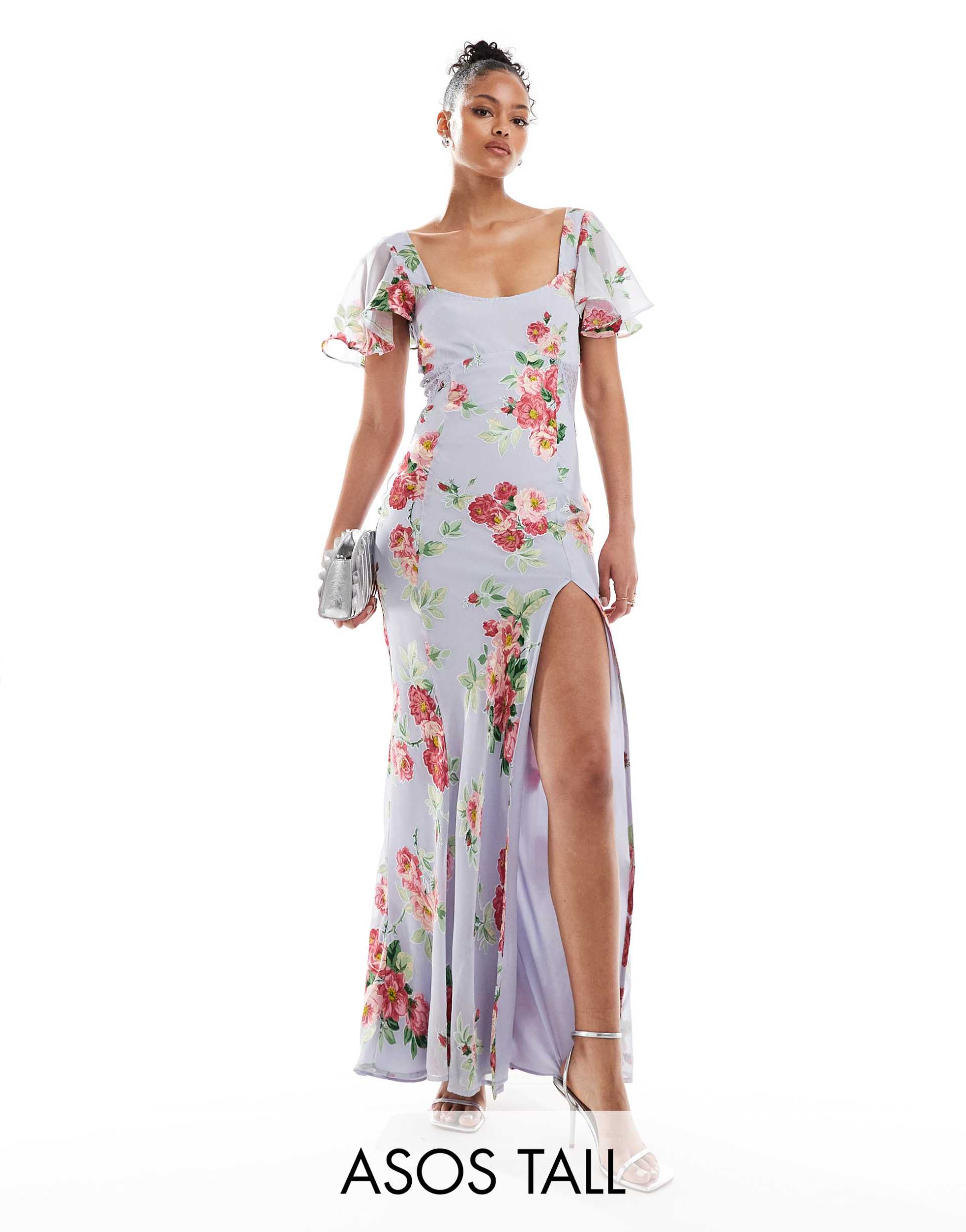 asos design tall flutter sleeve maxi dress with lace insert in blue burnout floral print