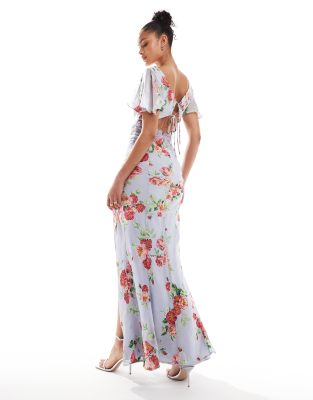 ASOS DESIGN Tall flutter sleeve maxi dress with lace insert in blue burnout floral print ASOS