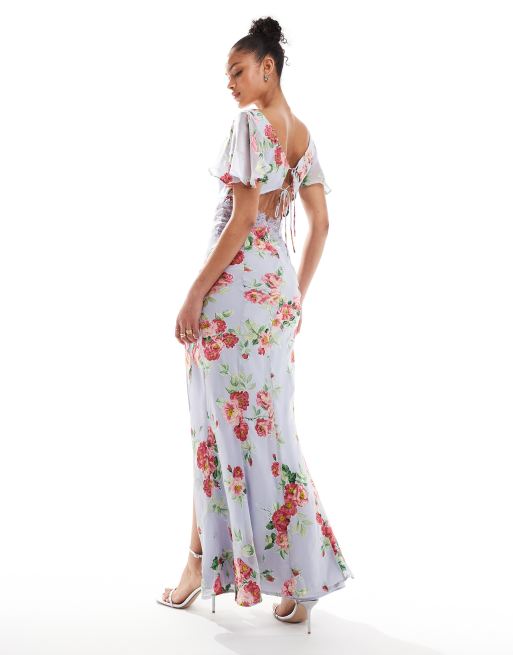 ASOS DESIGN Tall flutter sleeve maxi dress with lace insert in blue burnout floral print, 2 of 4