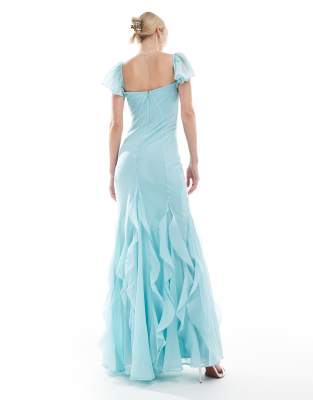 Asos Tall Asos Design Tall Flutter Sleeve Maxi Dress With Ruffle Godets In Blue