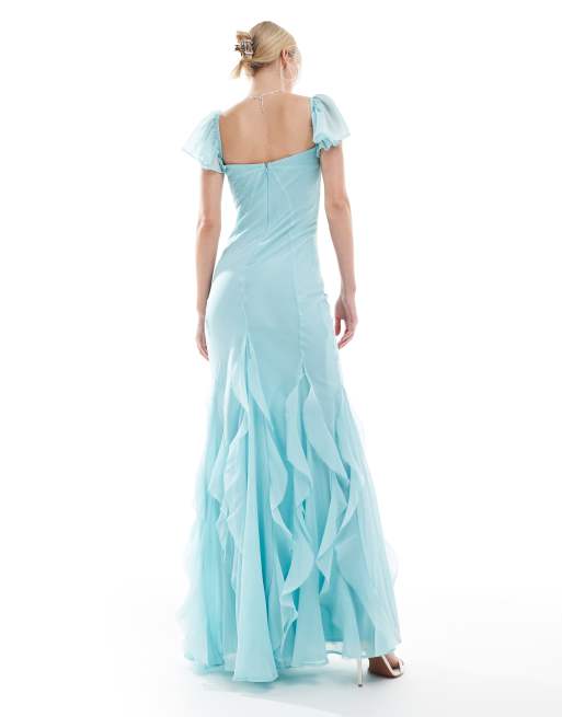 ASOS DESIGN Tall flutter sleeve maxi dress with ruffle godets in blue