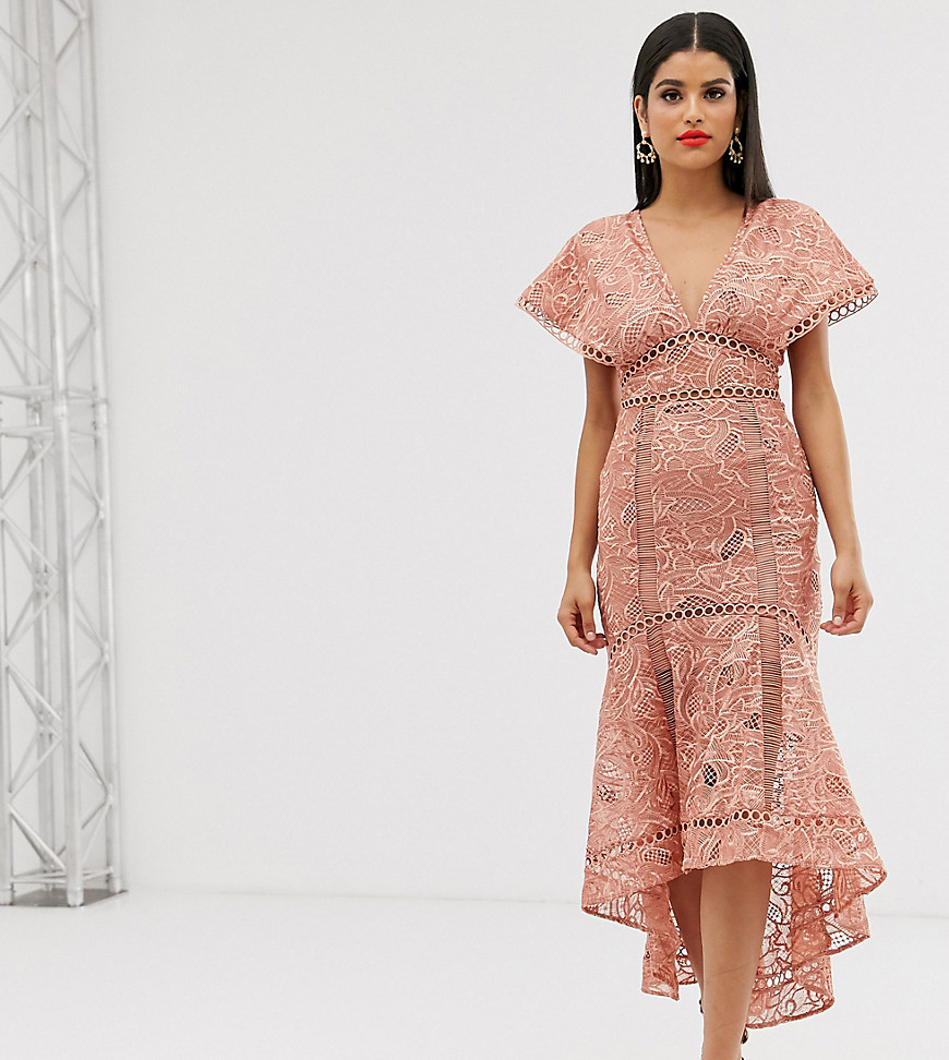 ASOS DESIGN Tall flutter sleeve midi dress in corded lace with circle trim detail-Pink