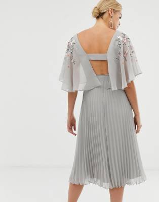 asos design flutter sleeve midi dress with pleated skirt