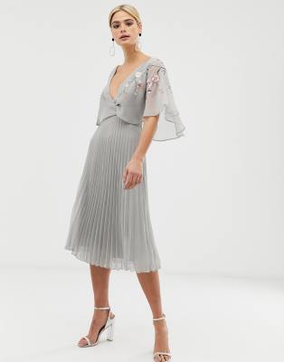 asos design flutter sleeve midi dress with pleated skirt