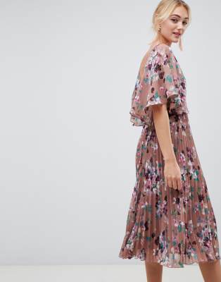 asos design flutter sleeve midi dress with pleated skirt