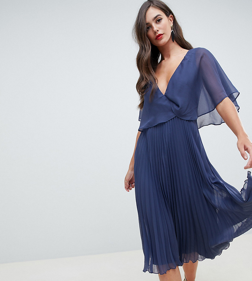ASOS DESIGN Tall flutter sleeve midi dress with pleat skirt-Blue