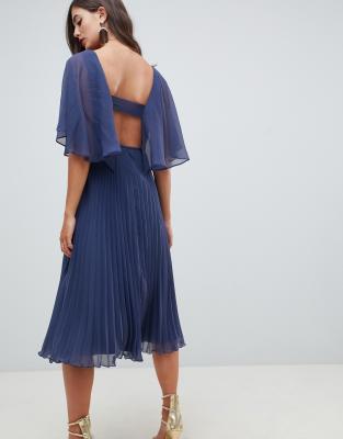 asos design flutter sleeve midi dress with pleated skirt