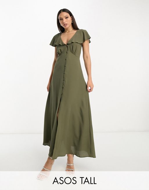 FhyzicsShops DESIGN Tall flutter sleeve midi tea dress with buttons in khaki