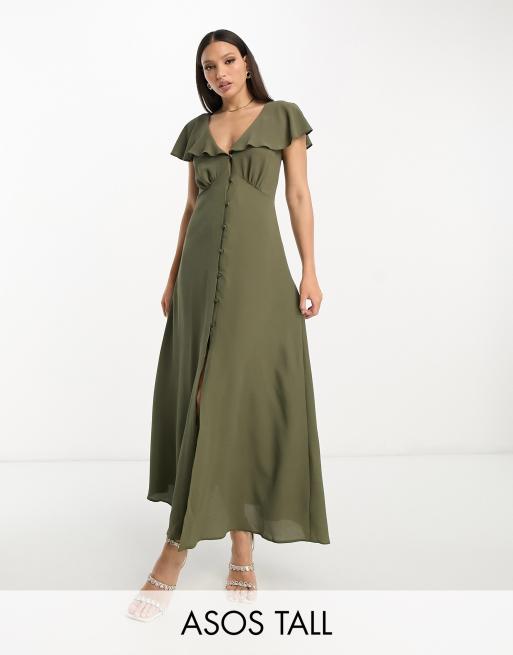 ASOS DESIGN Tall flutter sleeve midi tea dress with buttons in khaki