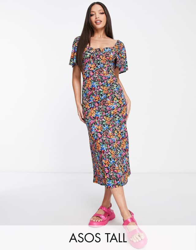 ASOS DESIGN Tall flutter sleeve midi tea dress with tie detail in black bright floral