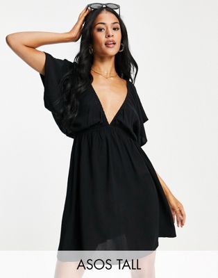 ASOS DESIGN Tall flutter sleeve mini beach dress in black  - ASOS Price Checker