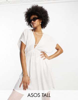 ASOS DESIGN Tall flutter sleeve mini beach dress with channelled tie waist in white