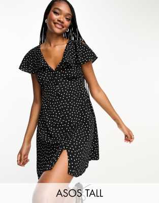 ASOS DESIGN Tall flutter sleeve mini tea dress with buttons in mono spot-Multi