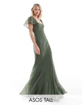 ASOS DESIGN Tall flutter sleeve scoop neck bias paneled maxi dress in khaki