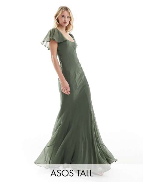 ASOS DESIGN Tall flutter sleeve scoop neck bias panelled maxi dress in khaki - view 1