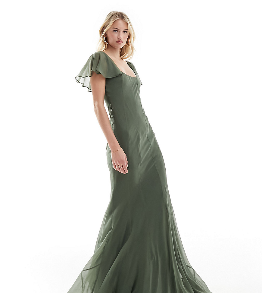 ASOS DESIGN Tall flutter sleeve scoop neck bias panelled maxi dress in khaki-Green