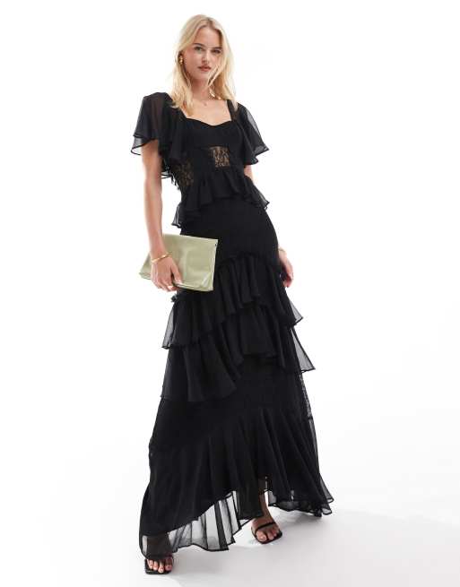 Women's Flutter Sleeve Midi Dress B Darlin Juniors' V-Neck Tie-Waist Tiered  A-Line Dress