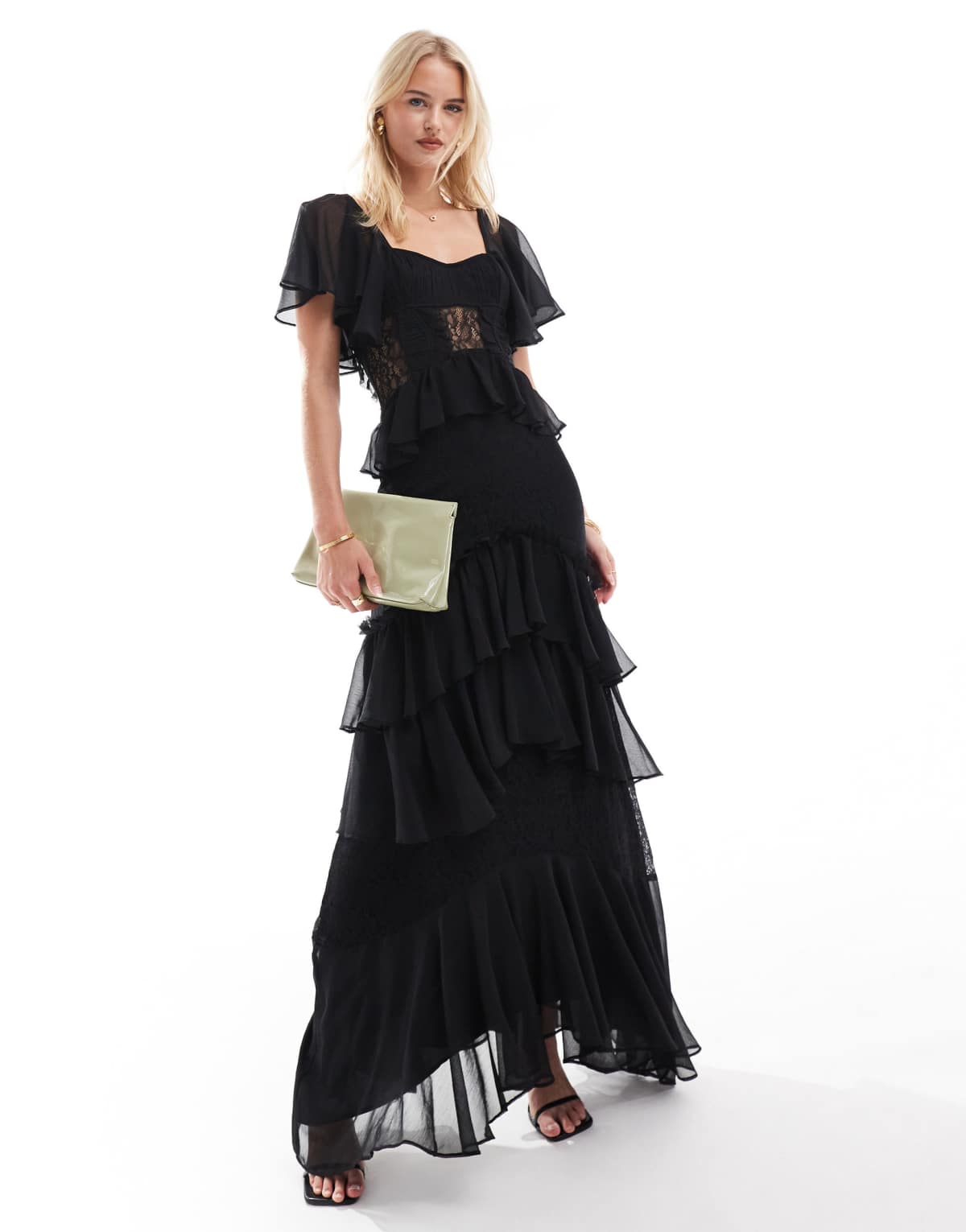 ASOS DESIGN Tall flutter sleeve tiered midi dress with lace insert in black