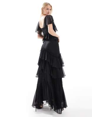 Asos Tall Asos Design Tall Flutter Sleeve Tiered Midi Dress With Lace Insert In Black