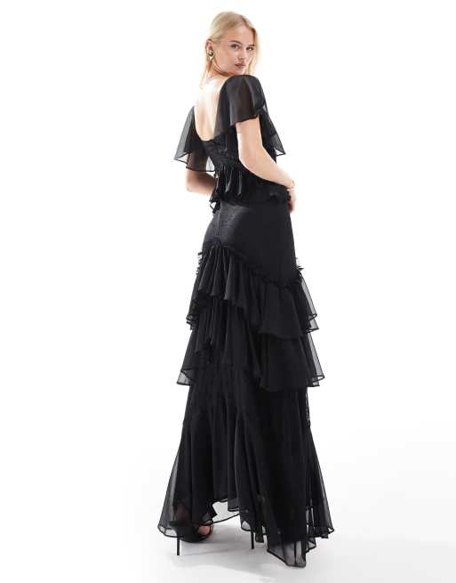 ASOS DESIGN Tall flutter sleeve tiered midi dress with lace insert in black