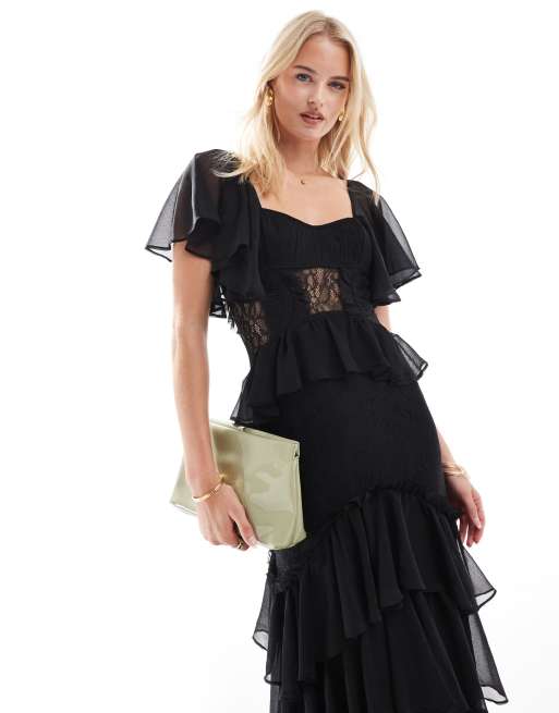 ASOS DESIGN Tall flutter sleeve tiered midi dress with lace insert in black