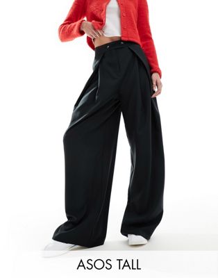 ASOS DESIGN Tall fold front wide leg trouser in black