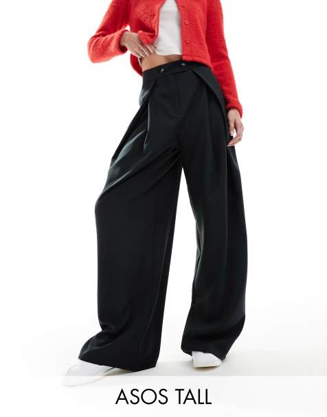ASOS DESIGN Tall fold front wide leg trouser in black - view 1