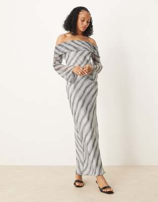 ASOS DESIGN Tall fold over bardot midi dress in black stripe-Multi