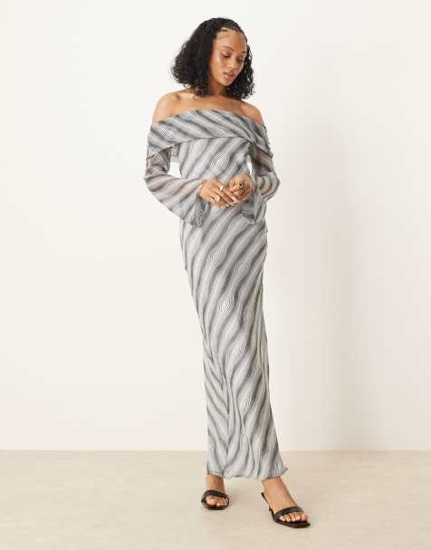 ASOS DESIGN Tall fold over bardot midi dress in black stripe - view 1