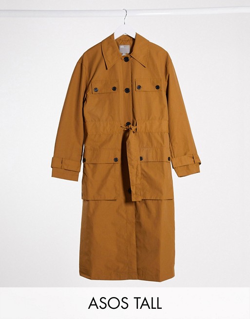 ASOS DESIGN Tall four pocket trench coat in ochre