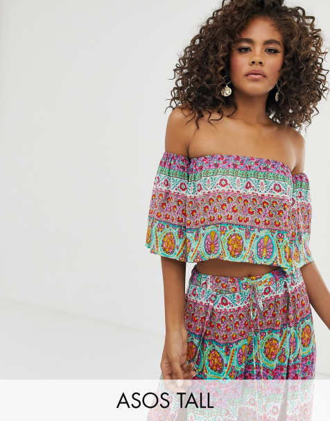 ASOS DESIGN Tall frill beach top in tile print co-ord