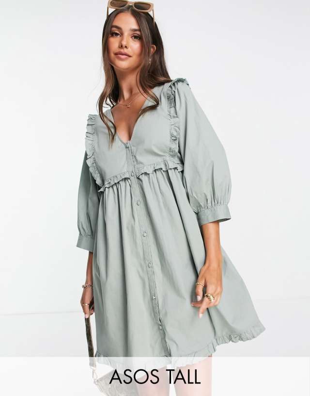 ASOS DESIGN Tall frill v neck cotton button through mini smock dress in khaki