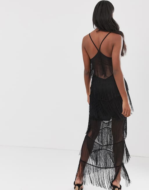 Asos fringe mesh cheap strappy maxi bodycon dress