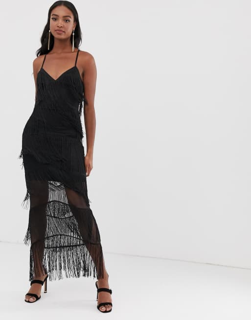 ASOS DESIGN Tall fringe mesh strappy maxi bodycon dress