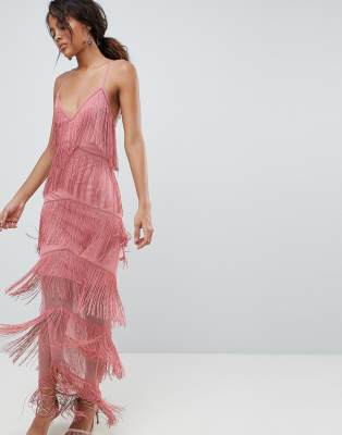 asos design fringe mesh strappy midi bodycon dress