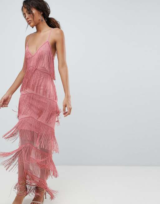 Asos fringe mesh store strappy maxi bodycon dress