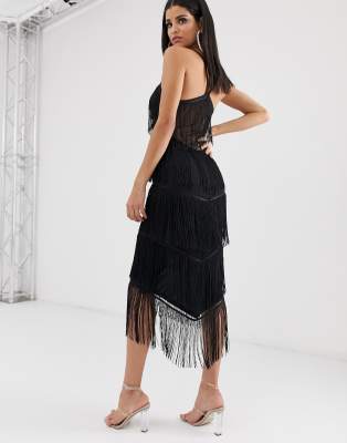 fringe mesh strappy midi bodycon dress