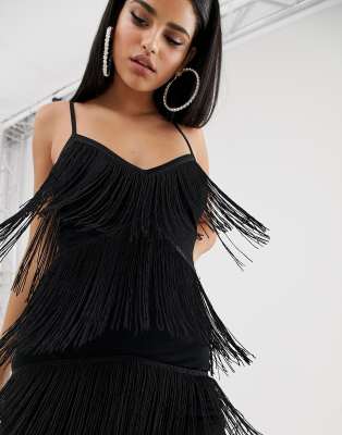 Asos design fringe mesh shop strappy midi bodycon dress