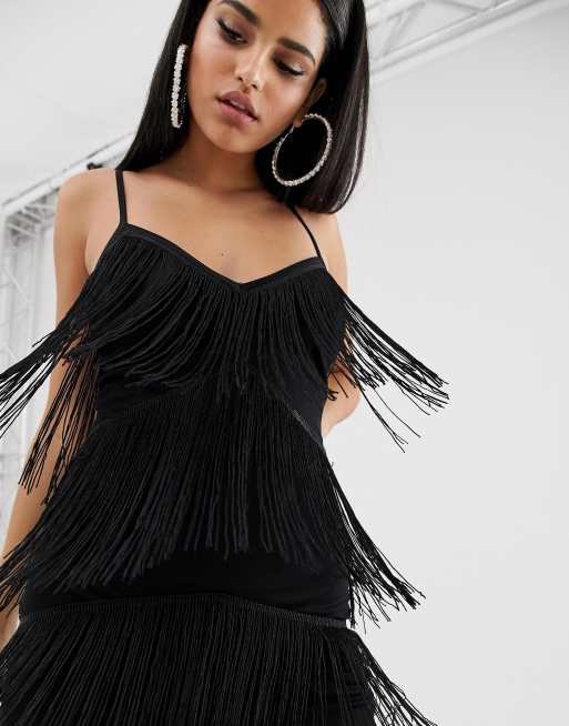 Fringe mesh strappy 2025 midi bodycon dress