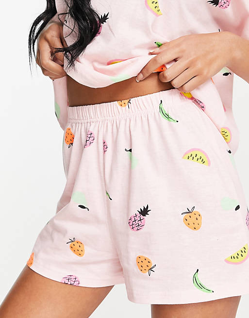 Women Tall fruit tee & short pyjama set in pink 