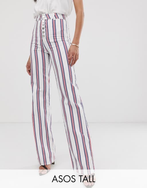 ASOS Tall full length flare jeans in stripe with exposed fly detail ASOS